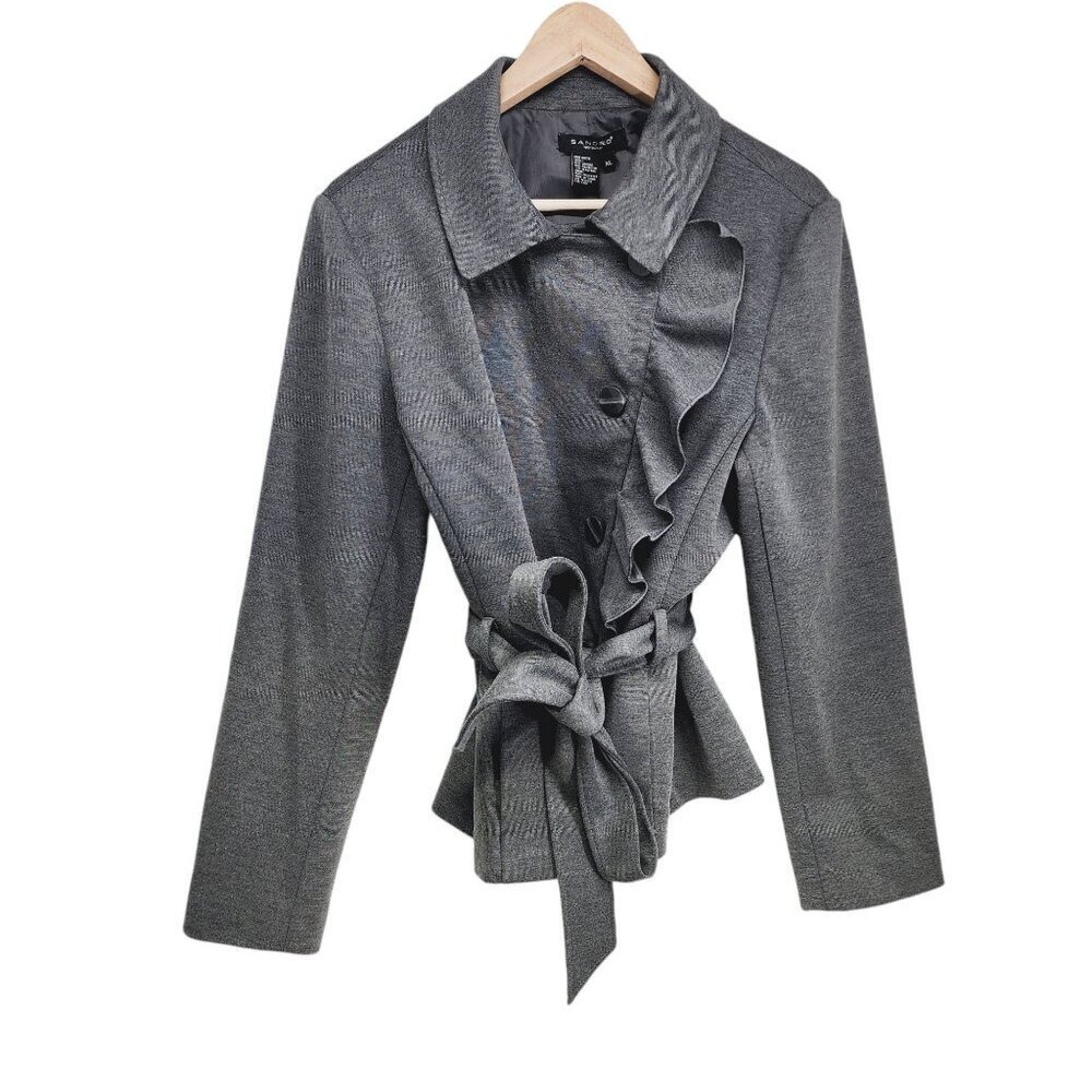 Sandro Sportswear Grey Ruffle Front Belted Jacket Womens XL Office Chic Sleek